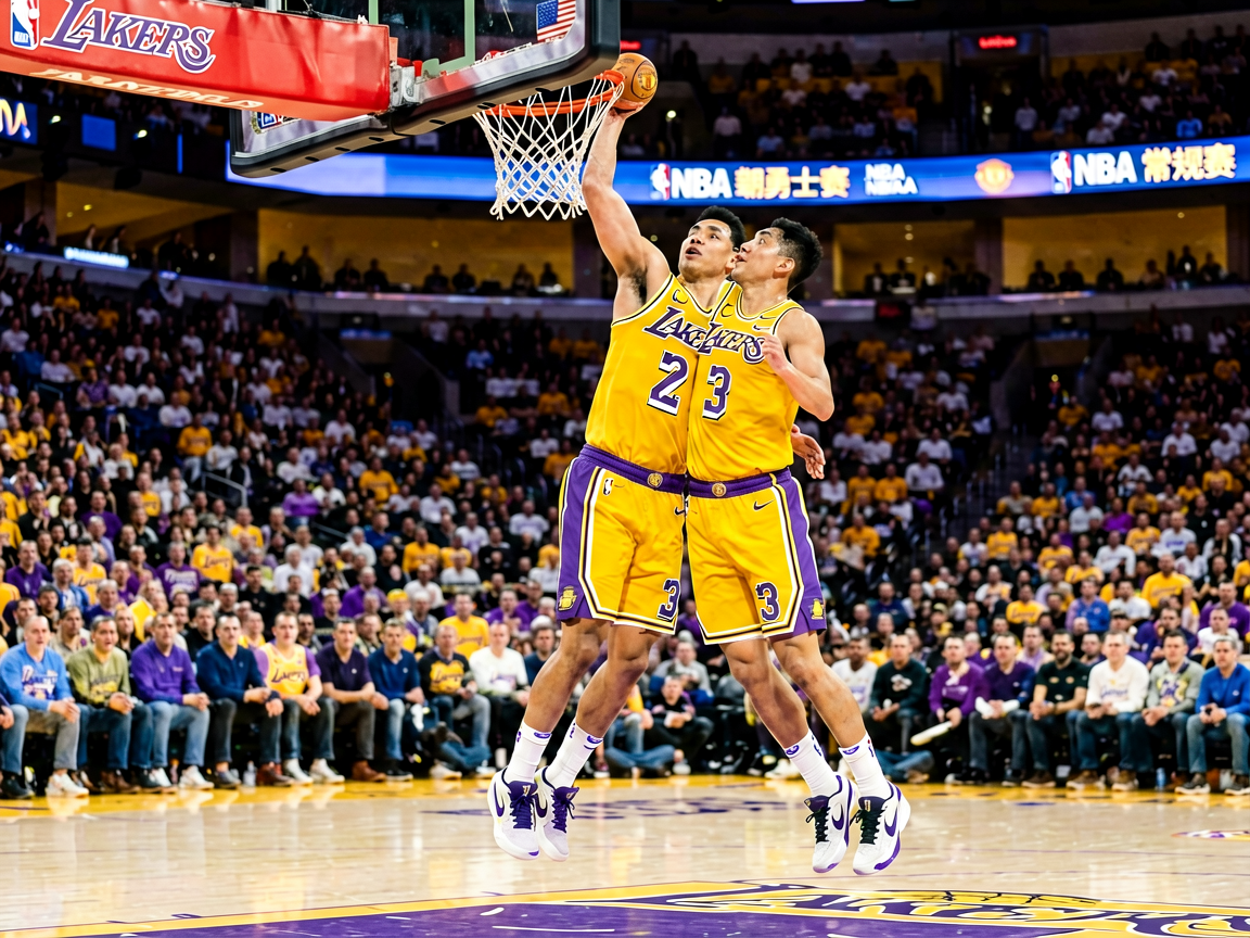 NBA湖人勇士比赛现场,球员突破上篮